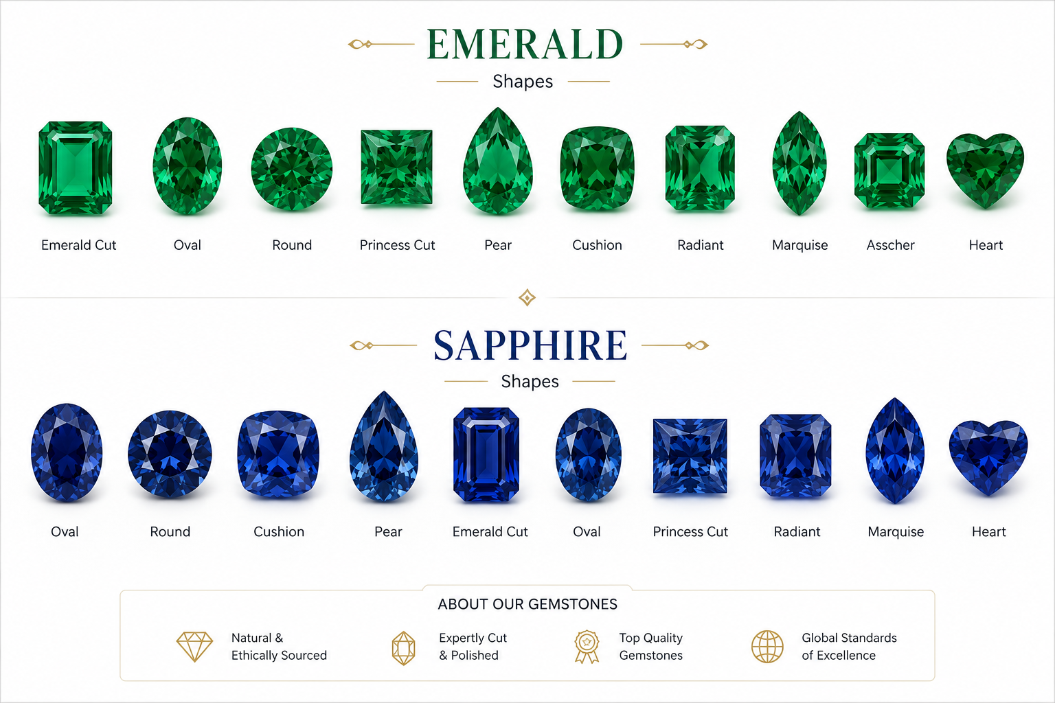Referenztabelle der Schliffformen für Smaragd und Saphir, darunter Smaragdschliff, oval, rund, Prinzessschliff, tropfenförmig, kissenförmig, Radiant, Marquise, Asscher und herzförmig