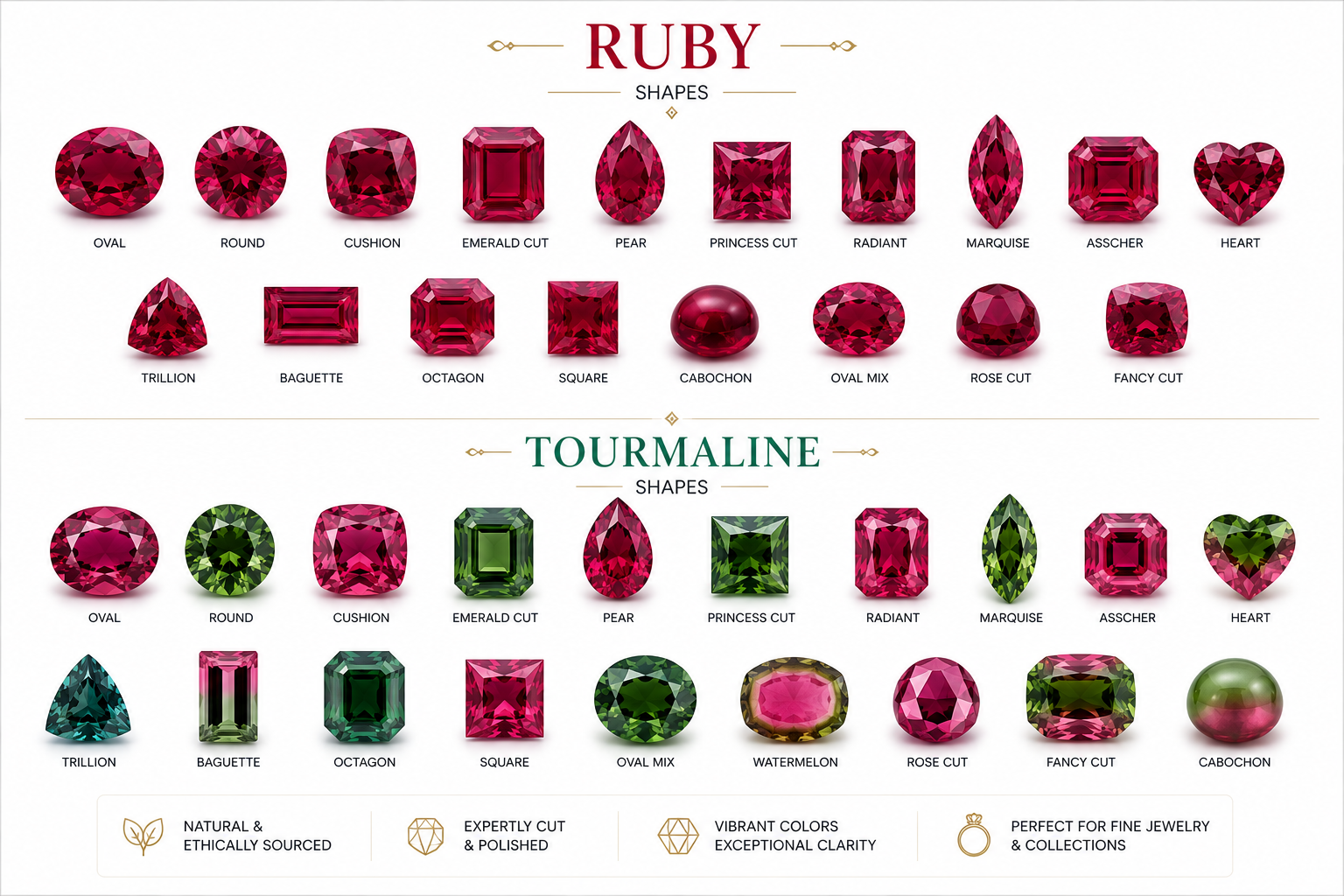 Referenztabelle der Schliffformen für Rubin und Turmalin, darunter oval, rund, kissenförmig, Smaragdschliff, tropfenförmig, Prinzessschliff, Radiant, Marquise, Asscher, herzförmig, Trillion, Baguette, Achteck, quadratisch, Cabochon und mehr