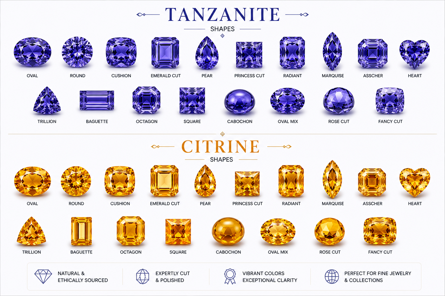 Referenztabelle der Schliffformen für Tansanit und Citrin, darunter oval, rund, kissenförmig, Smaragdschliff, tropfenförmig, Prinzessschliff, Radiant, Marquise, Asscher, herzförmig, Trillion, Baguette, Achteck, quadratisch und Cabochon